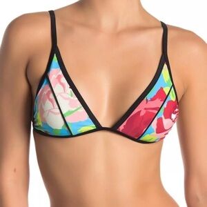 Betsey Johnson Blue Bikini Top with Black Accents in framed flowers